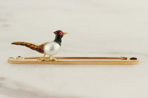 ANTIQUE EDWARDIAN c1910 PEARL & ENAMEL PHEASANT BROOCH 15 & 9ct YELLOW GOLD