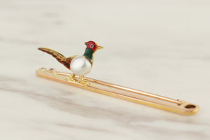 ANTIQUE EDWARDIAN c1910 PEARL & ENAMEL PHEASANT BROOCH 15 & 9ct YELLOW GOLD