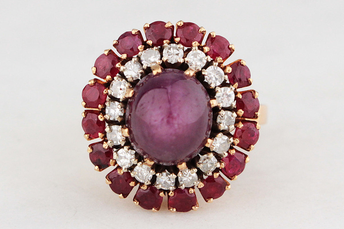 VINTAGE c1940 6ct STAR RUBY, RUBY & DIAMOND RING 18ct GOLD
