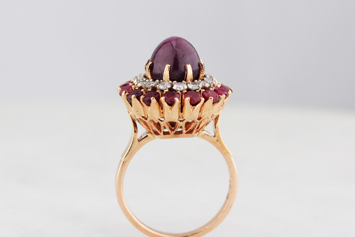 VINTAGE c1940 6ct STAR RUBY, RUBY & DIAMOND RING 18ct GOLD