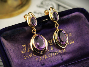 VINTAGE AMETHYST DROP EARRINGS 18ct GOLD