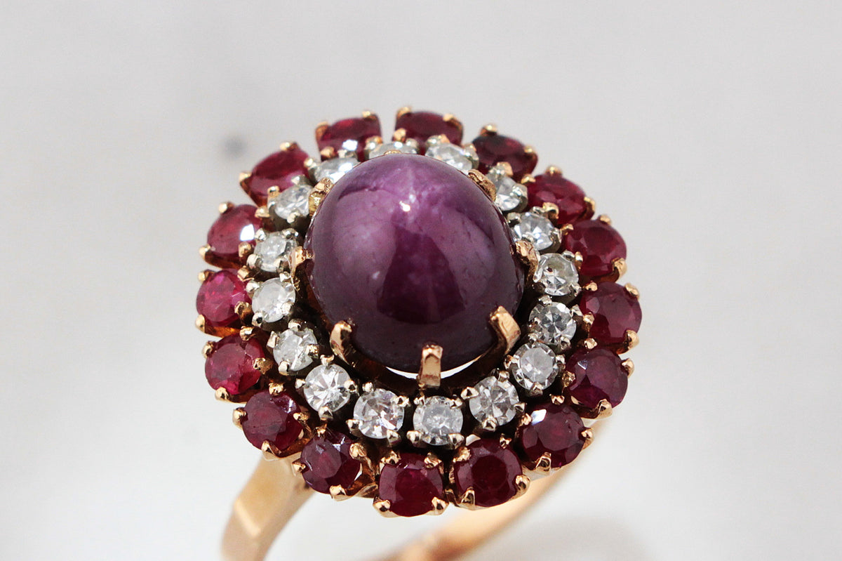 VINTAGE c1940 6ct STAR RUBY, RUBY & DIAMOND RING 18ct GOLD