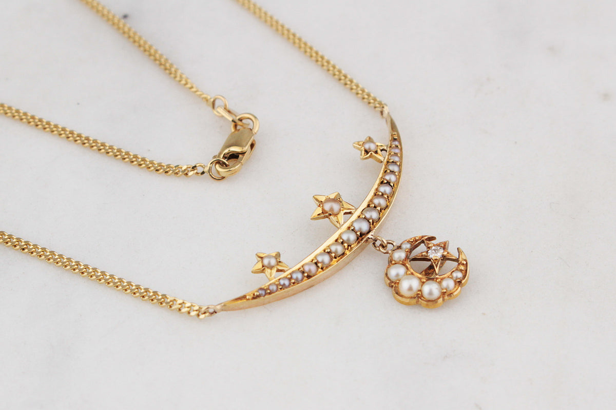 ANTIQUE EDWARDIAN CELESTIAL SEED PEARL AND DIAMOND NECKLACE