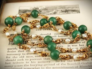 VINTAGE AVENTURINE QUARTZ & KESHI PEARL NECKLACE 18ct GOLD