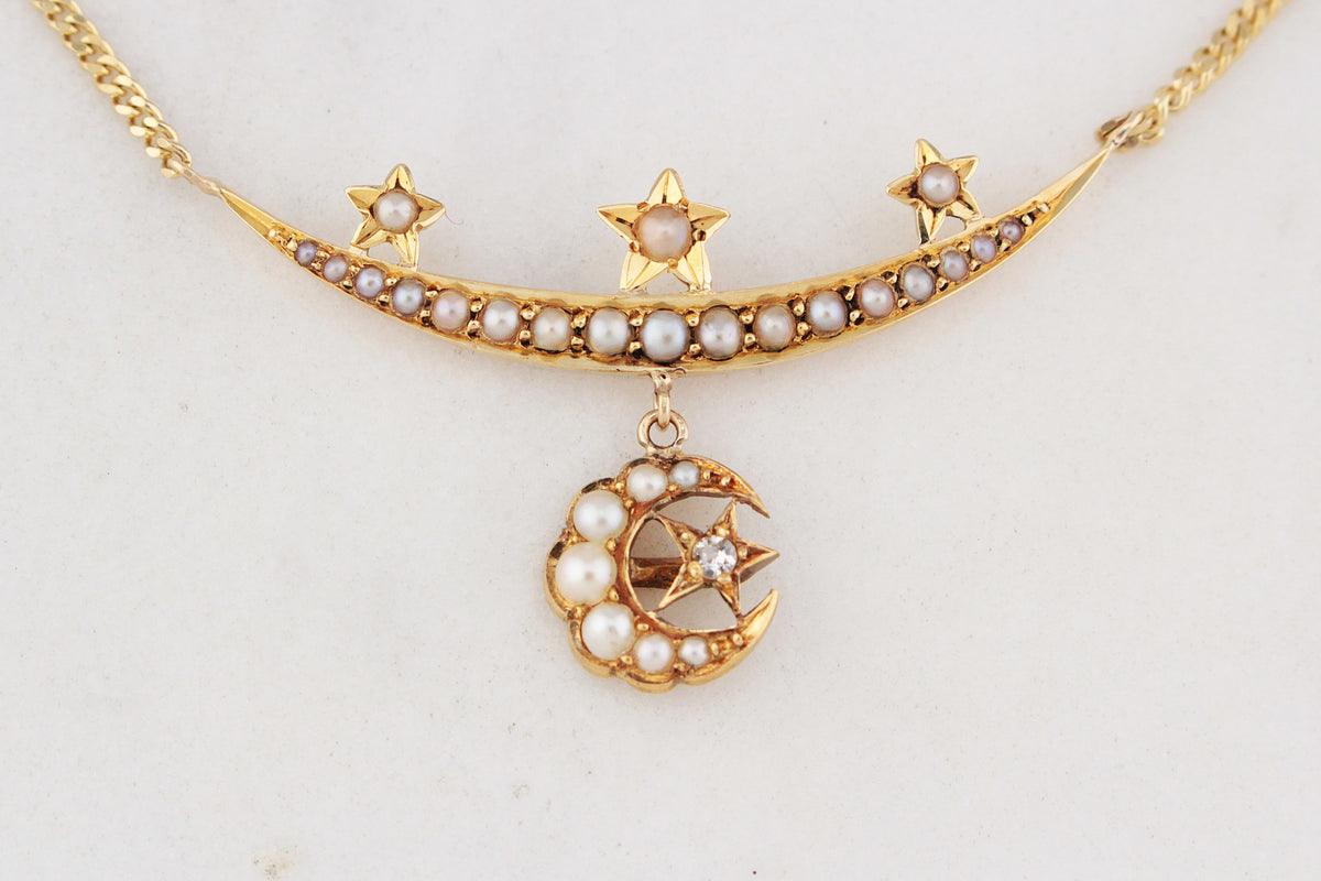 ANTIQUE EDWARDIAN CELESTIAL SEED PEARL AND DIAMOND NECKLACE