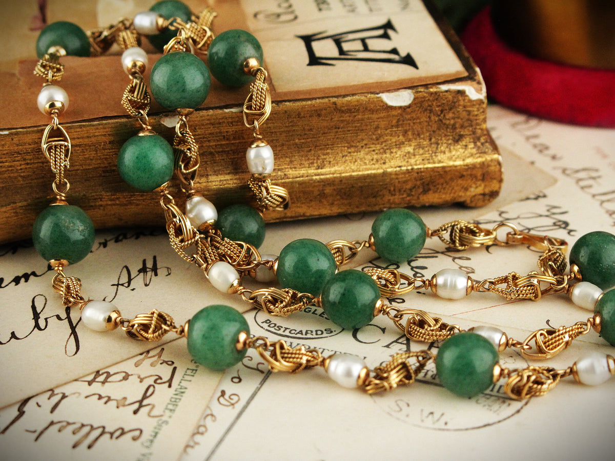 VINTAGE AVENTURINE QUARTZ &amp; KESHI PEARL NECKLACE 18ct GOLD