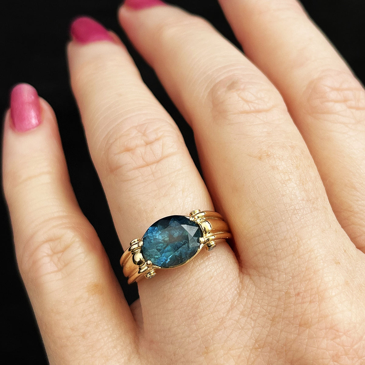 BESPOKE TEAL TOURMALINE & DIAMOND RING 9ct GOLD