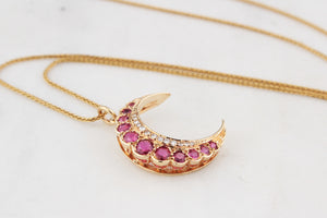 RETRO RUBY & DIAMOND CRESCENT MOON PENDANT 9ct GOLD