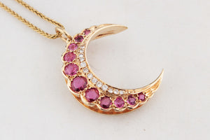 RETRO RUBY & DIAMOND CRESCENT MOON PENDANT 9ct GOLD