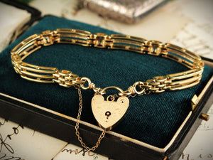 VINTAGE GATE LINK HEART PADLCOK BRACELET 9ct GOLD