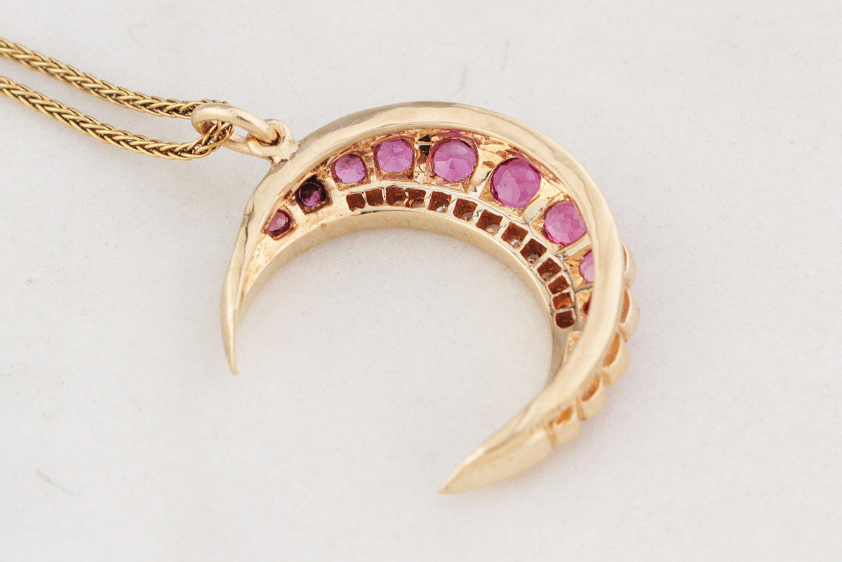 RETRO RUBY &amp; DIAMOND CRESCENT MOON PENDANT 9ct GOLD