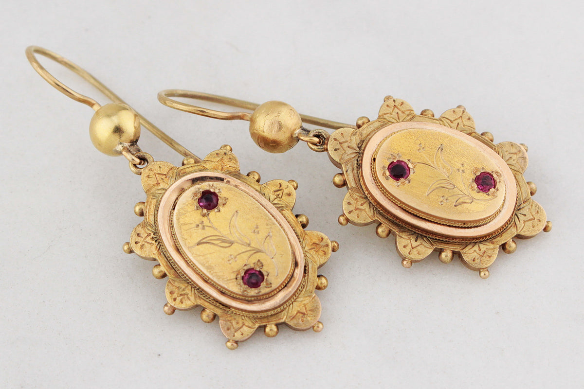 ANTIQUE AESTHETIC MOVEMENT RUBY EARRINGS 15ct GOLD