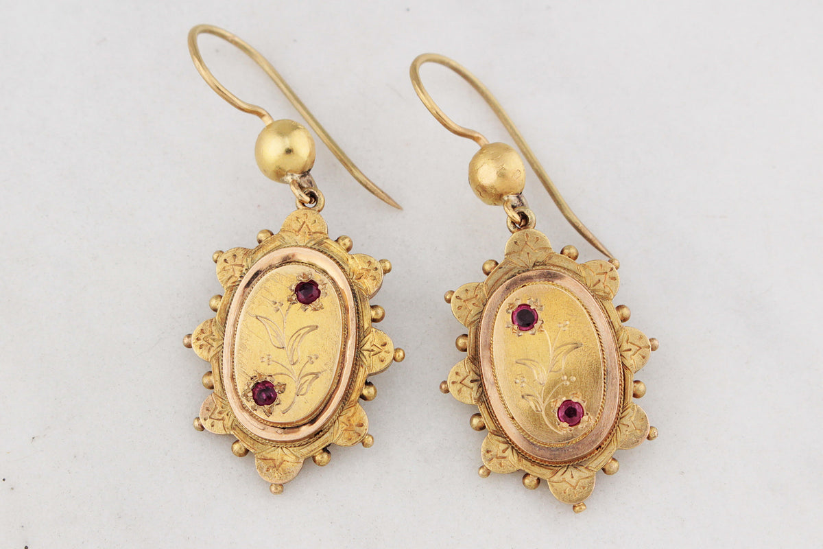 ANTIQUE AESTHETIC MOVEMENT RUBY EARRINGS 15ct GOLD