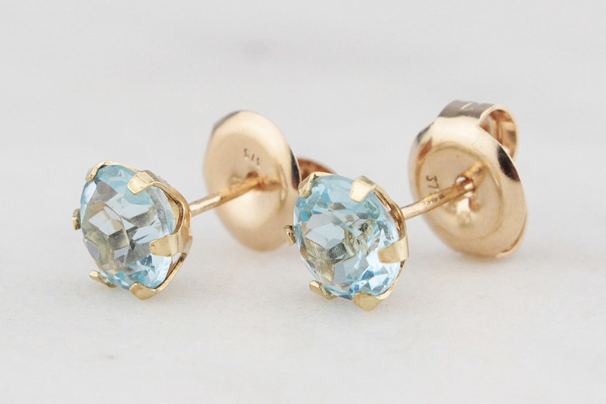VINTAGE AQUAMARINE STUD EARRINGS 14ct GOLD