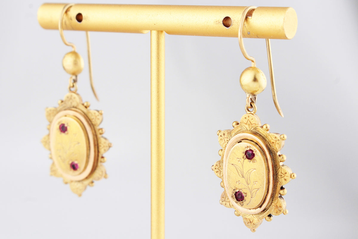 ANTIQUE AESTHETIC MOVEMENT RUBY EARRINGS 15ct GOLD