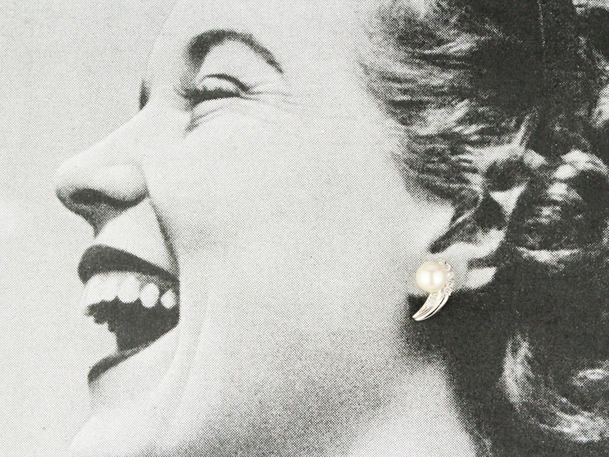 VINTAGE c1940 PEARL &amp; DIAMOND EARRINGS PLATINUM