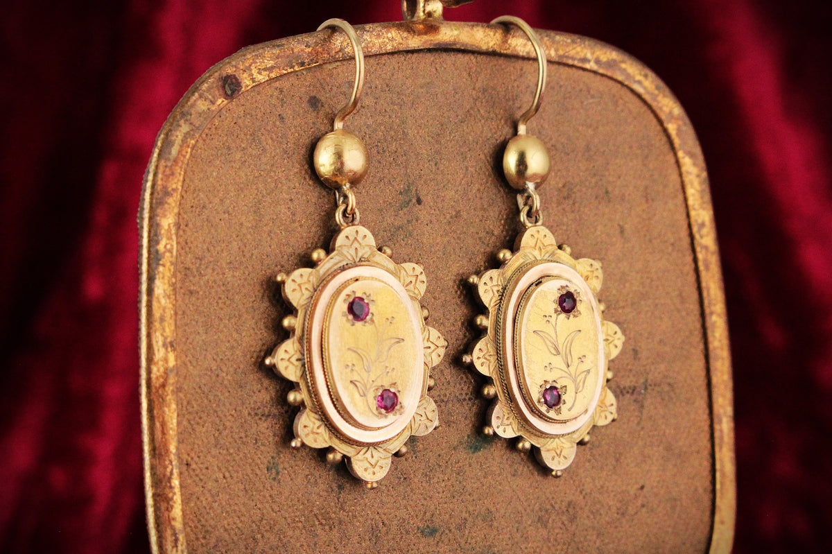 ANTIQUE AESTHETIC MOVEMENT RUBY EARRINGS 15ct GOLD