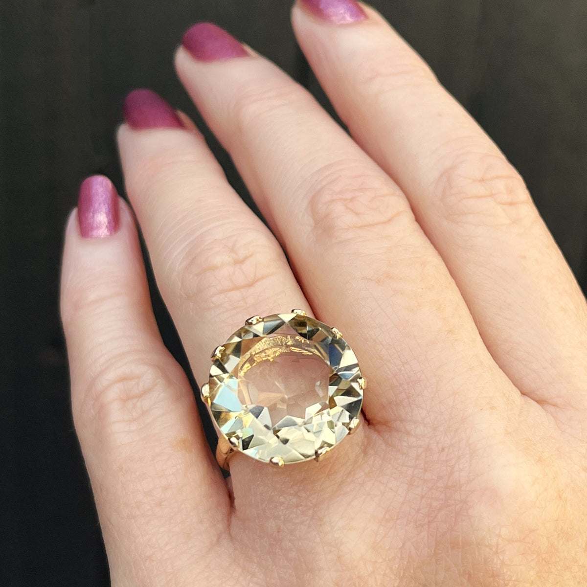 VINTAGE c1940 LEMON CITRINE COCKTAIL RING 9ct YELLOW GOLD