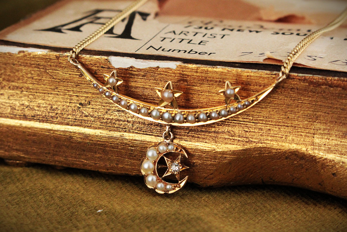 ANTIQUE EDWARDIAN CELESTIAL SEED PEARL AND DIAMOND NECKLACE