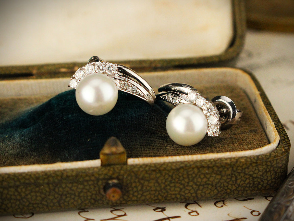 VINTAGE c1940 PEARL &amp; DIAMOND EARRINGS PLATINUM