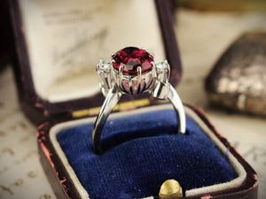 VINTAGE c1940 RHODOLITE GARNET & DIAMOND RING 18ct GOLD