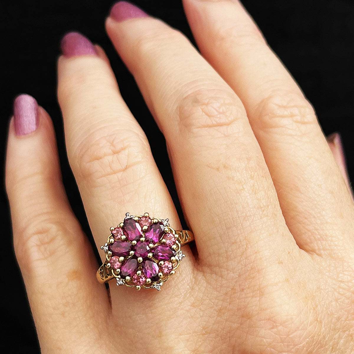 RETRO PYROPE GARNET, TOURMALINE &amp; DIAMOND RING 9ct GOLD