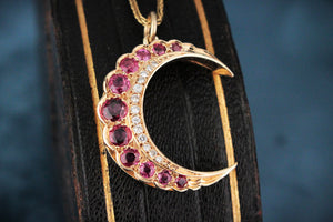RETRO RUBY & DIAMOND CRESCENT MOON PENDANT 9ct GOLD
