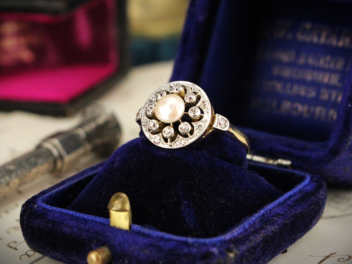 ANTIQUE BELLE EPOCHE PEARL &amp; DIAMOND RING 18ct GOLD &amp; PLATINUM
