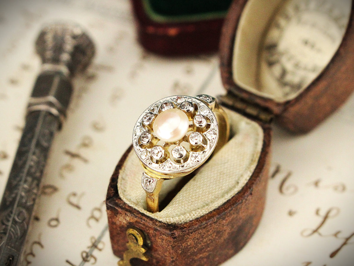 ANTIQUE BELLE EPOCHE PEARL &amp; DIAMOND RING 18ct GOLD &amp; PLATINUM