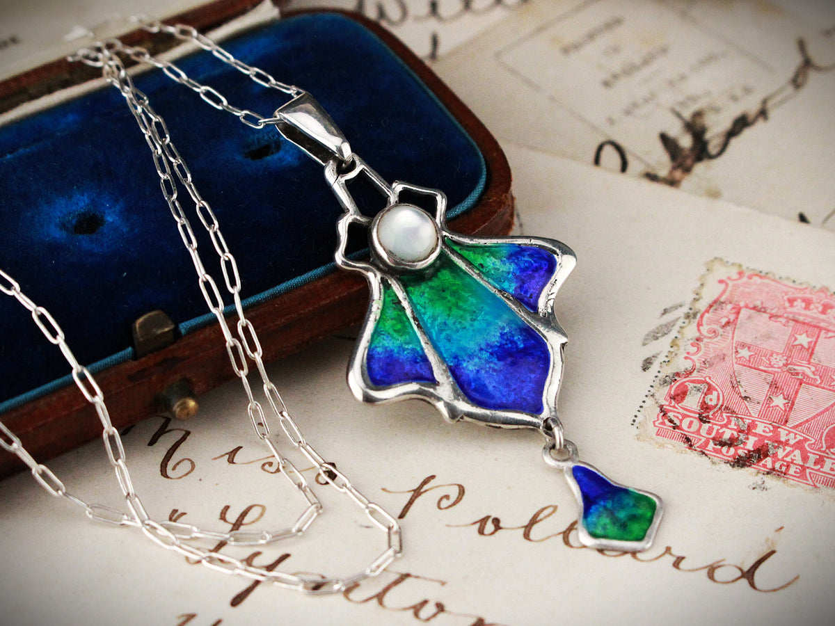 ANTIQUE ART NOUVEAU 1901 CHARLES HORNER SLIVER ENAMEL &amp; MOONSTONE NECKLACE &amp; CHAIN