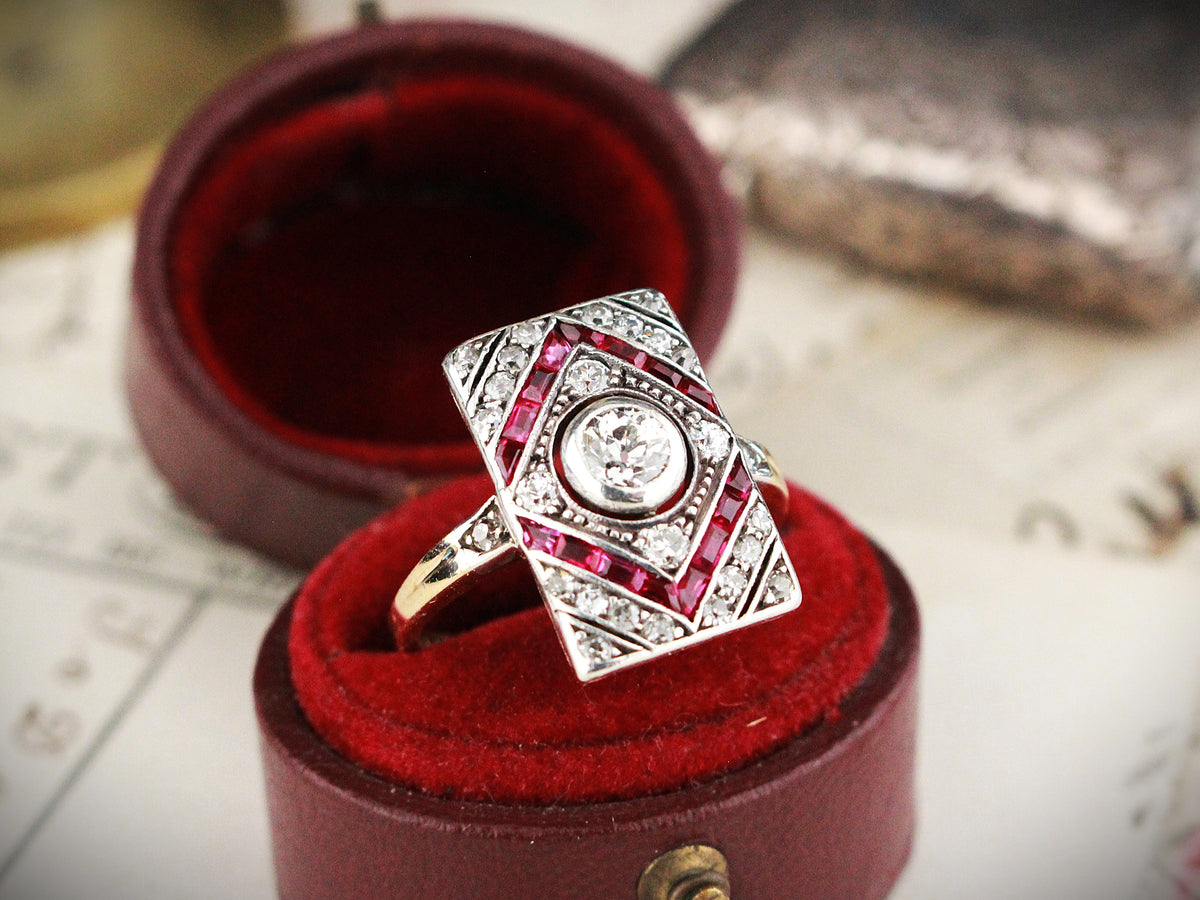 ANTIQUE FRENCH ART DECO DIAMOND &amp; RUBY RING 18ct GOLD