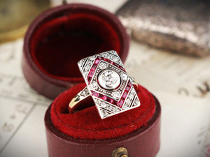 ANTIQUE FRENCH ART DECO DIAMOND & RUBY RING 18ct GOLD