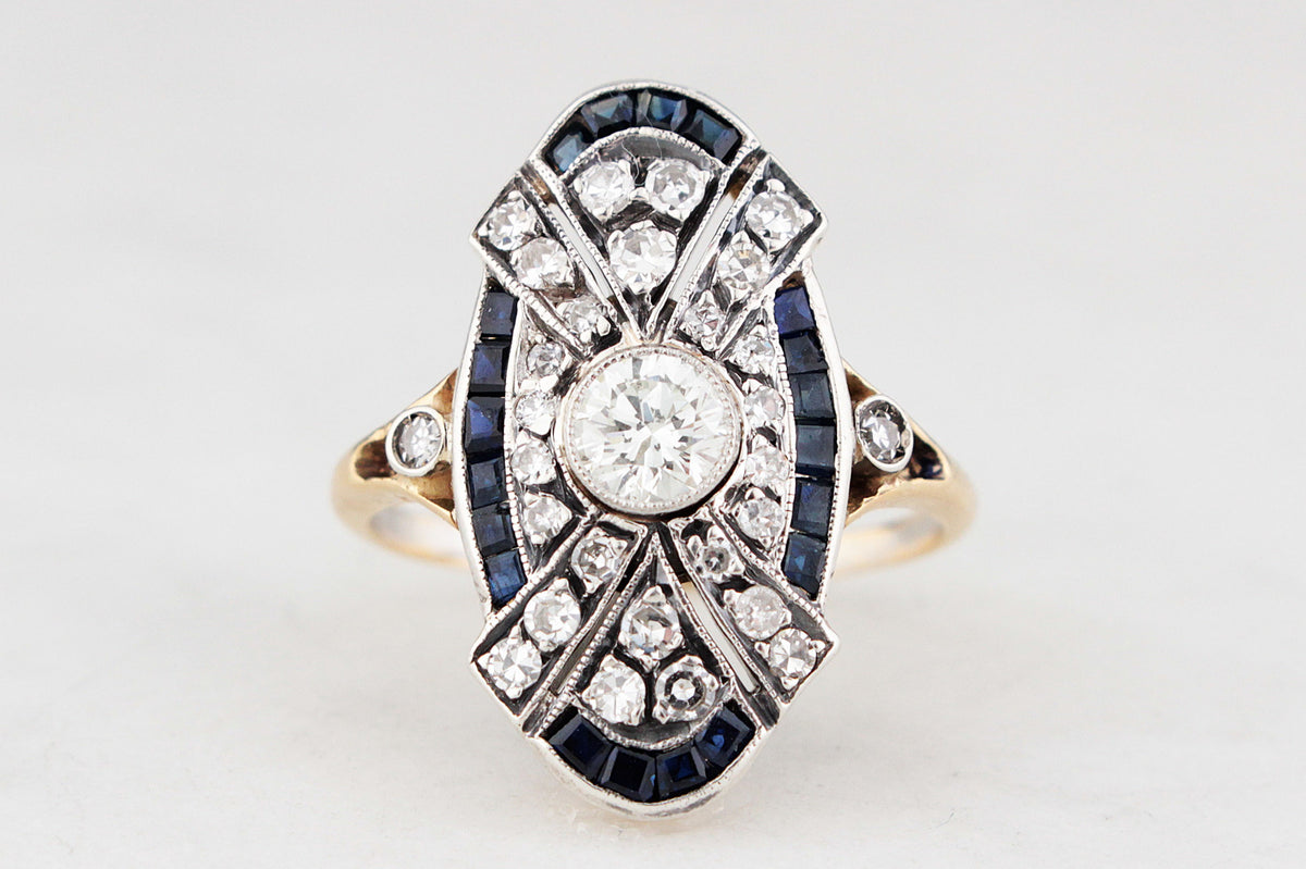 ANTIQUE ART DECO SAPPHIRE &amp; DIAMOND RING 18ct GOLD