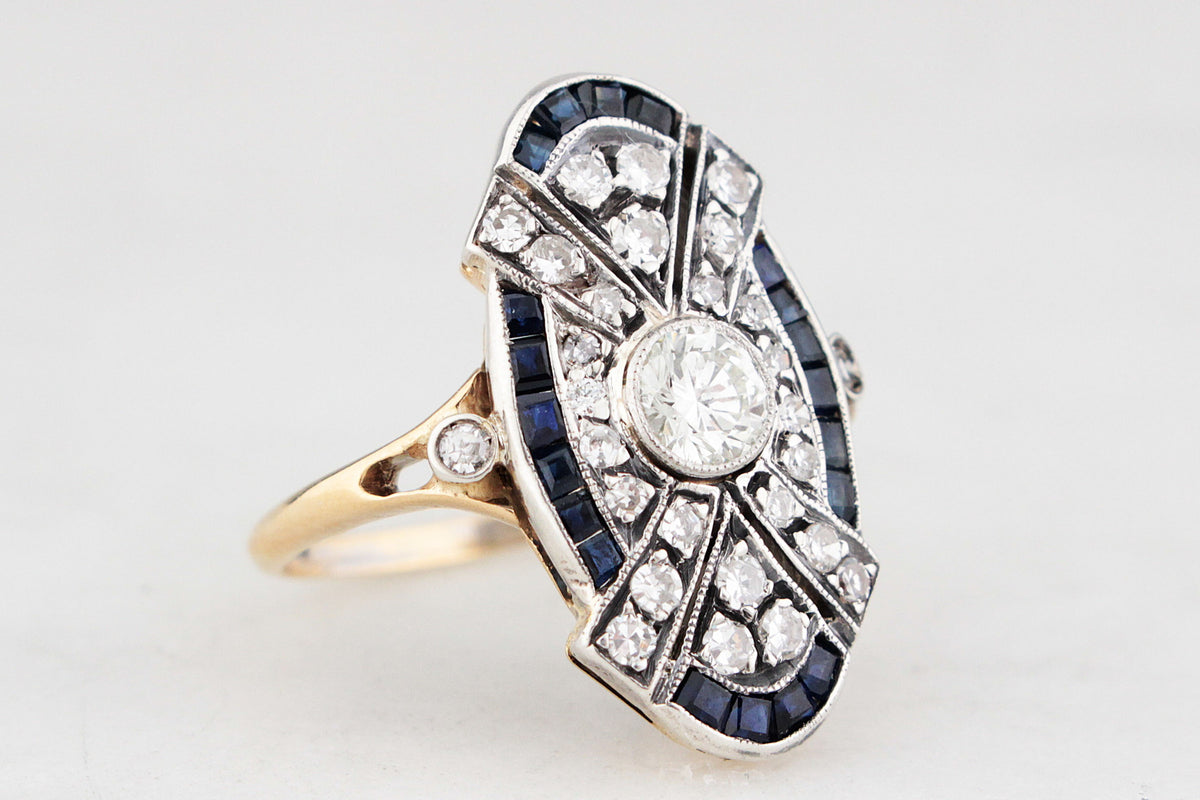 ANTIQUE ART DECO SAPPHIRE &amp; DIAMOND RING 18ct GOLD