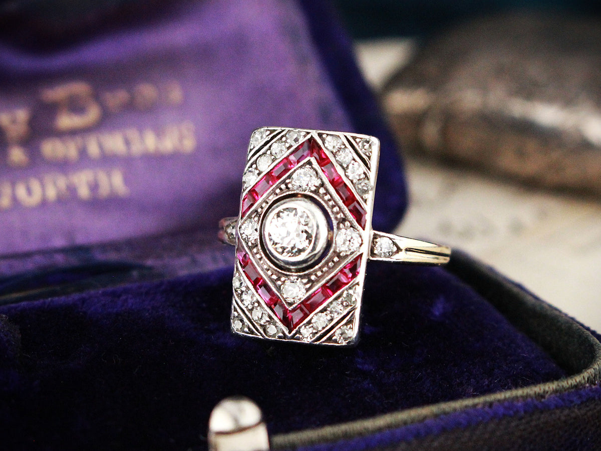 ANTIQUE FRENCH ART DECO DIAMOND &amp; RUBY RING 18ct GOLD