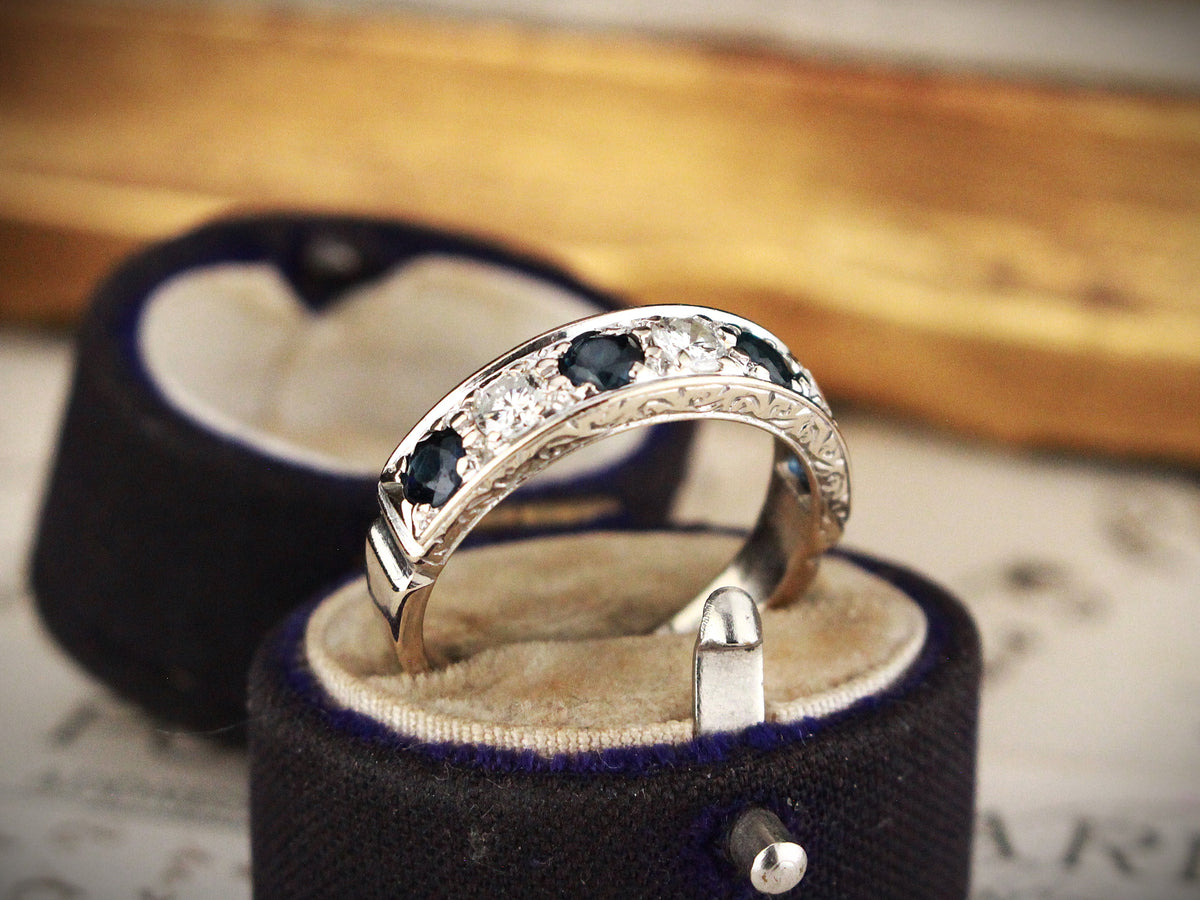 RETRO SAPPHIRE &amp; DIAMOND HALF HOOP RING 18ct GOLD