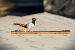 ANTIQUE EDWARDIAN c1910 PEARL & ENAMEL PHEASANT BROOCH 15 & 9ct YELLOW GOLD