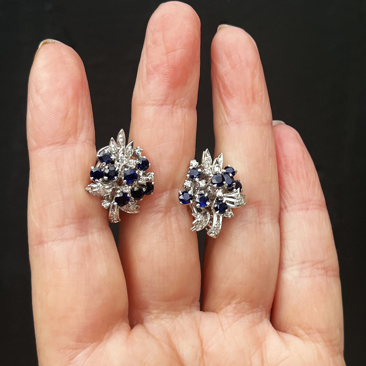 VINTAGE c1940 SAPPHIRE &amp; DIAMOND EARRINGS 18ct WHITE GOLD