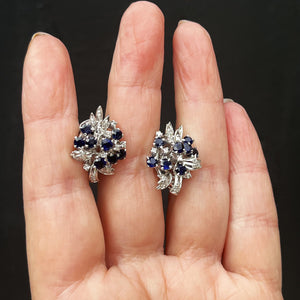 VINTAGE c1940 SAPPHIRE & DIAMOND EARRINGS 18ct WHITE GOLD