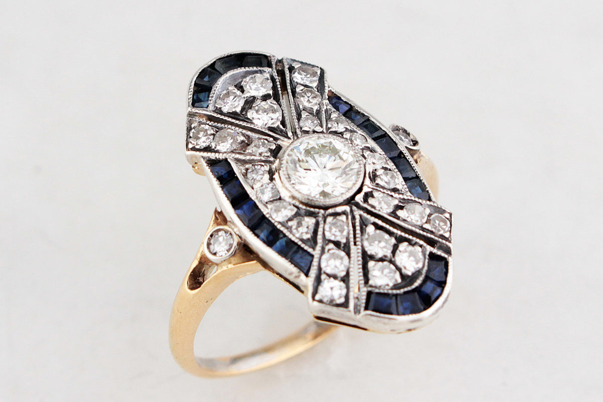 ANTIQUE ART DECO SAPPHIRE &amp; DIAMOND RING 18ct GOLD