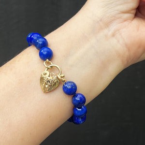 LAPIS LAZULI BRACELET WITH ANTIQUE 9ct GOLD HEART LOCKET