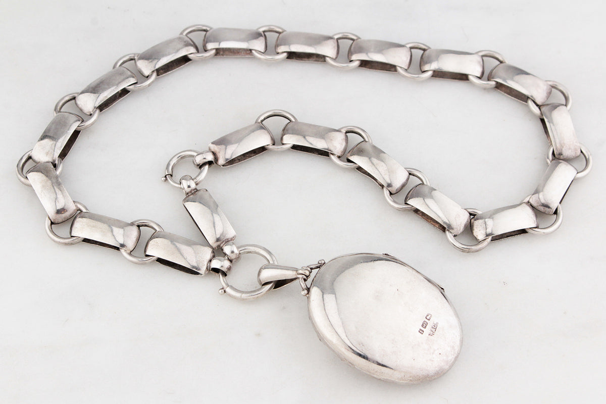 ANTIQUE EDWARDIAN 1908 STERLING SILVER BOOK CHAIN &amp; LOCKET