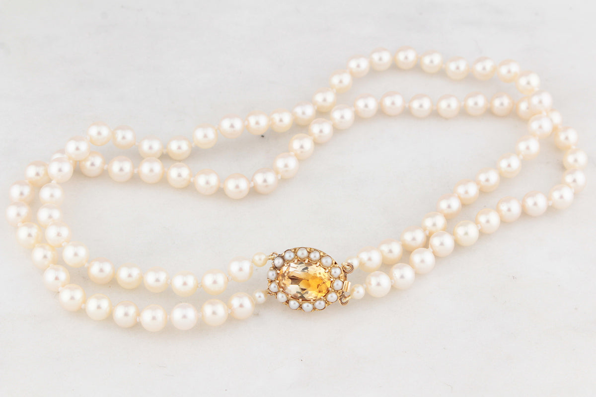 MID-CENTURY 1965 DOUBLE PEARL STRAND WITH CITRINE CLASP 9ct GOLD