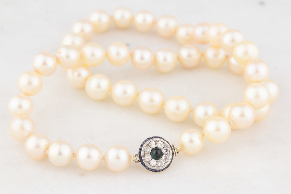 ART DECO PEARLS WITH SAPPHIRE &amp; DIAMOND CLASP 18ct GOLD