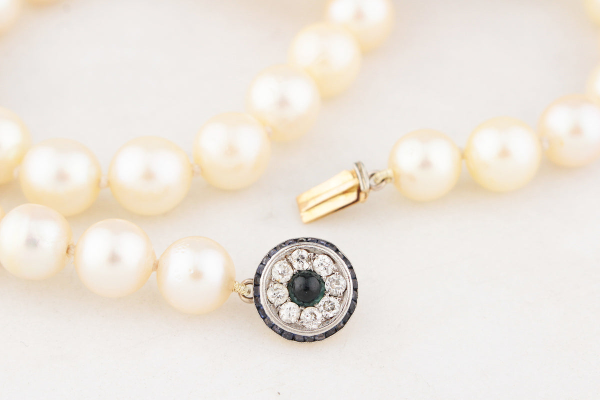 ART DECO PEARLS WITH SAPPHIRE &amp; DIAMOND CLASP 18ct GOLD