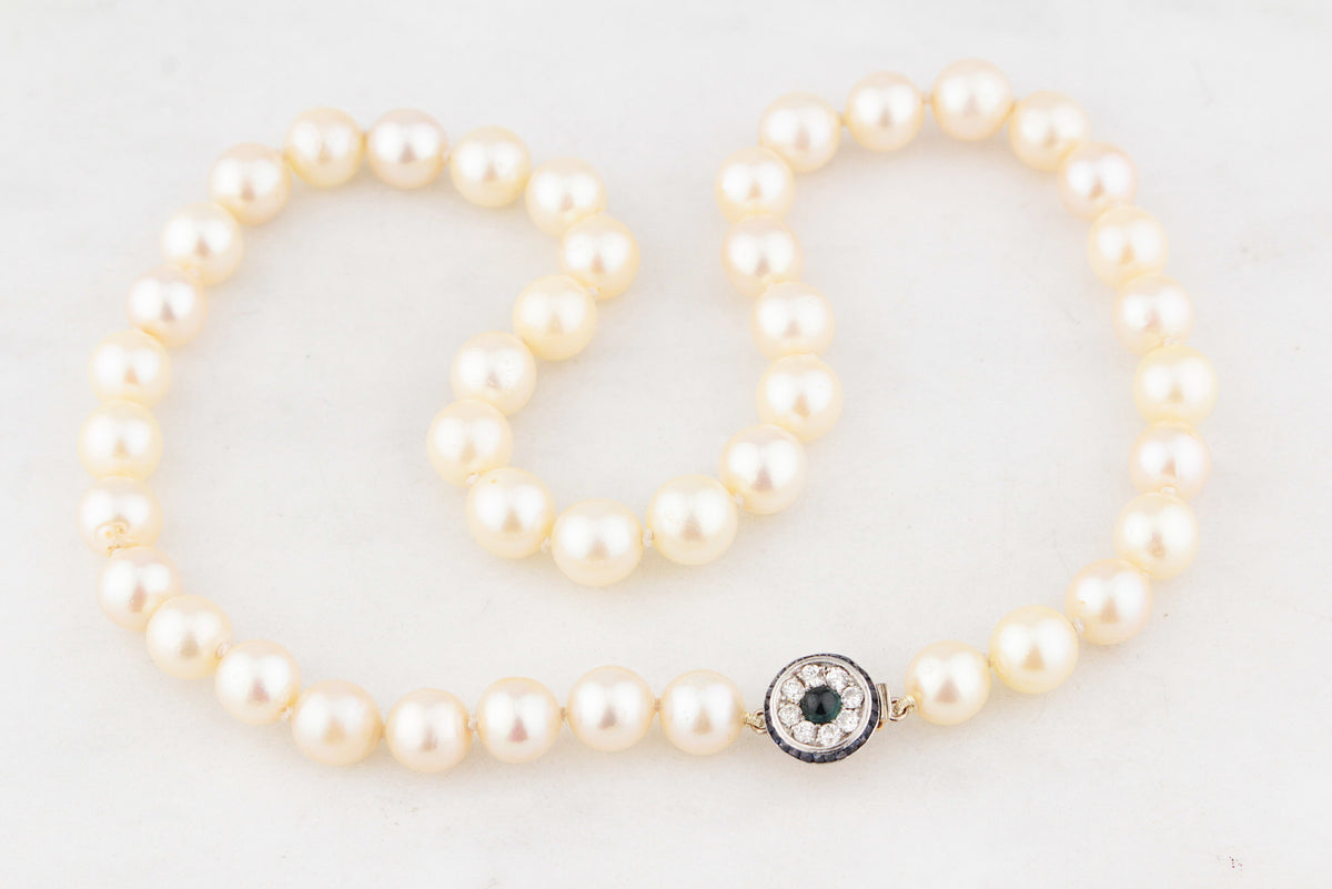 ART DECO PEARLS WITH SAPPHIRE &amp; DIAMOND CLASP 18ct GOLD