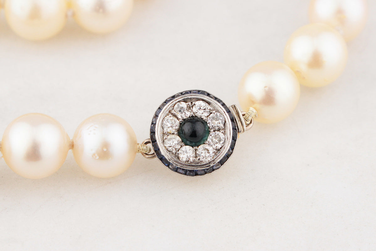ART DECO PEARLS WITH SAPPHIRE &amp; DIAMOND CLASP 18ct GOLD