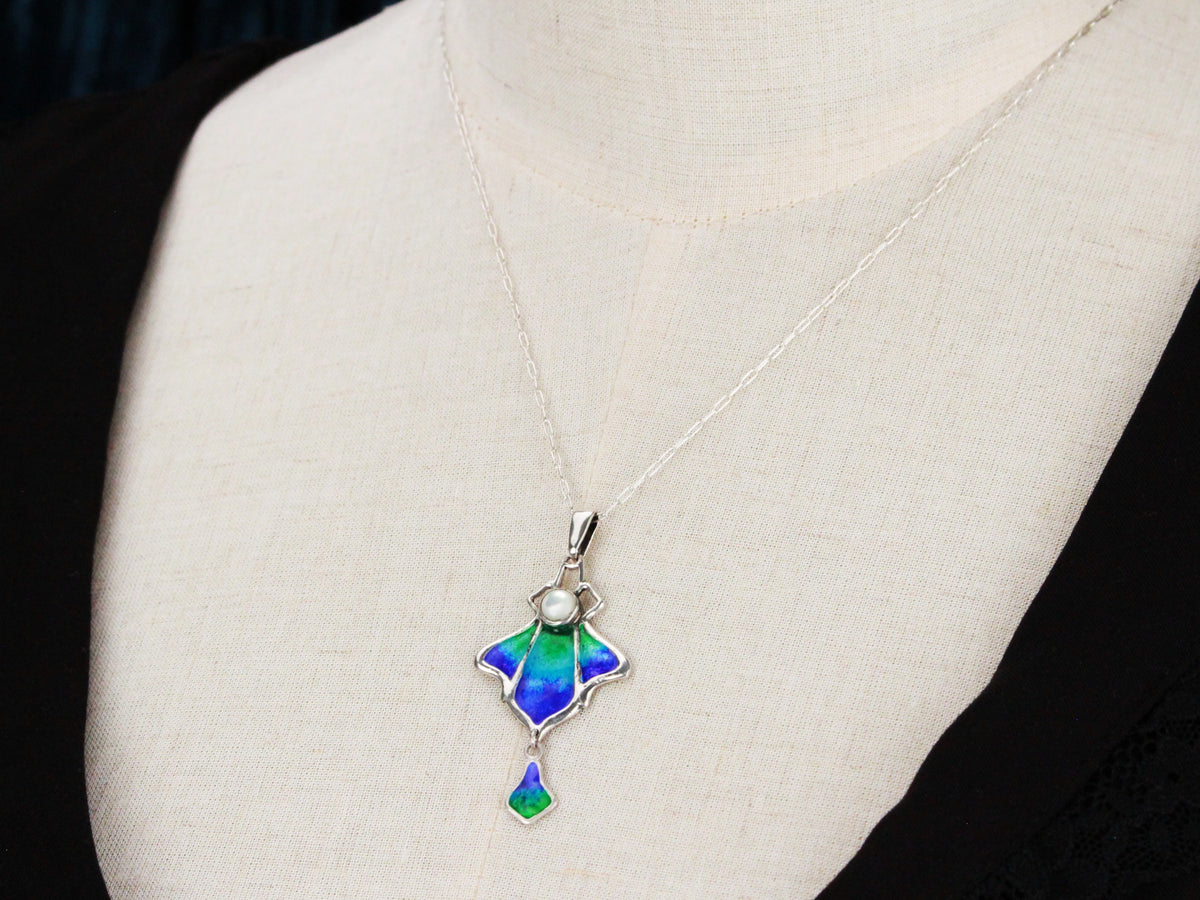 ANTIQUE ART NOUVEAU 1901 CHARLES HORNER SLIVER ENAMEL &amp; MOONSTONE NECKLACE &amp; CHAIN