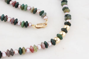 BESPOKE MOSS AGATE & PEARL NECKLACE 9ct GOLD