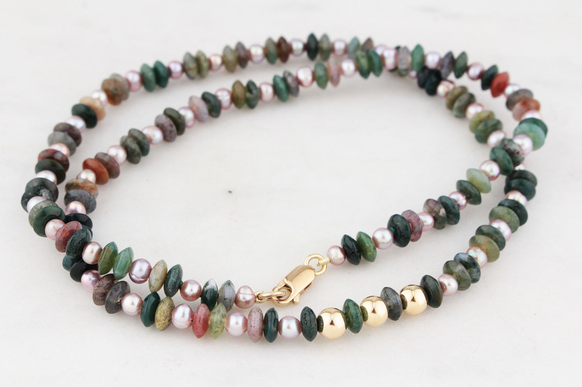 BESPOKE MOSS AGATE &amp; PEARL NECKLACE 9ct GOLD